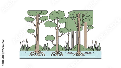 Vector illustration of mangrove trees in a swampy wetland area with vector CAD design style