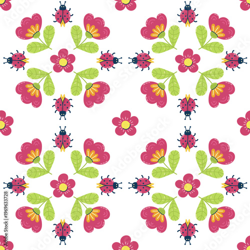 Seamless pattern with Spring flowers tulips on white background. Seasonal hand drawn card, poster, web banner. Vector illustration.