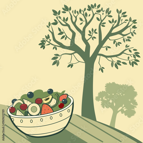 Healthy Food Tree with Fruit Bowl, Organic Nutrition Vector Illustration