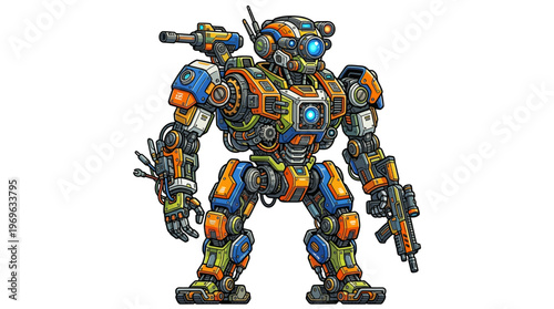 Colorful robot with guns standing tall.