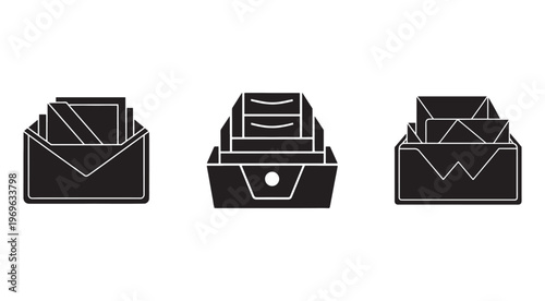 Black and white icons of mail envelopes and inbox organizer on white background  office supplies and stationery