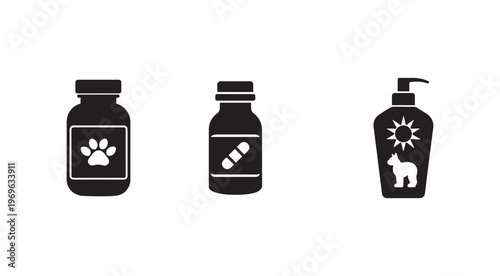 Black and white icons of pet medicine bottles and a bottle of sunscreen lotion for animals  pet care and health products