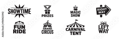 Carnival and Circus Icon Collection with Carnival Retro Banner Signs, Vintage Magic Frames, Arrows Elements, and Welcome the Show Greetings