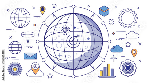 Global map with icons showing locations, graphs, and technology on a white background in a simple design