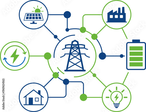 Smart Grid Energy Network Icon with Power Line, Solar, Industry and Battery Storage System