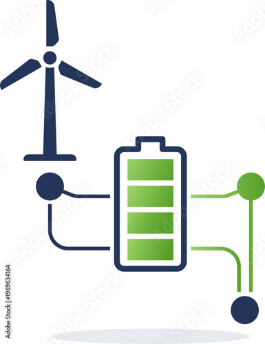 Wind Energy Storage System Icon with Battery and Smart Power Network Connection