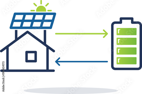 Solar Home Battery Storage Icon with Two-Way Energy Flow and Smart Power System