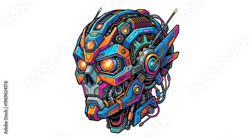 Colorful robotic skull head closeup.
