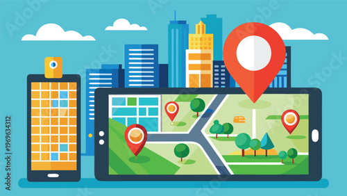Map application shows location markers and navigation on smartphone screens in a digital city setting