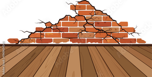 Cracked brick wall with wooden floor, illustration of structural damage and decay