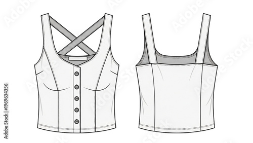 Vector CAD design style illustration of a sleeveless top with buttons