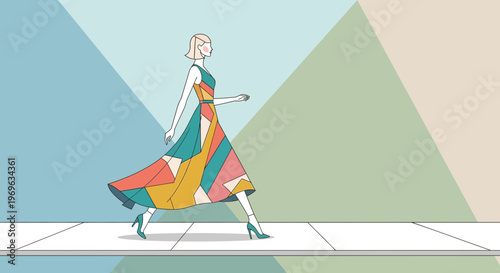 Elegant Woman in Colorful Geometric Dress Striding Confidently.