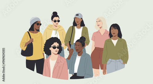 Diverse group of women standing together in a modern illustration.