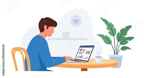 Man working on laptop vector illustration with home workspace and plant