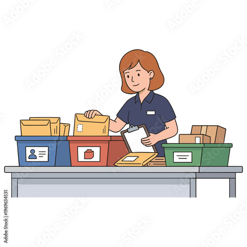 A woman sorts boxes on a table in a warehouse setting with storage bins.