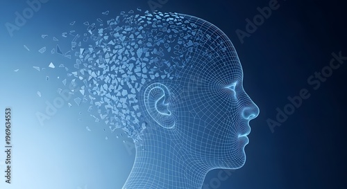 Blue wireframe human head with crumbling geometric shapes