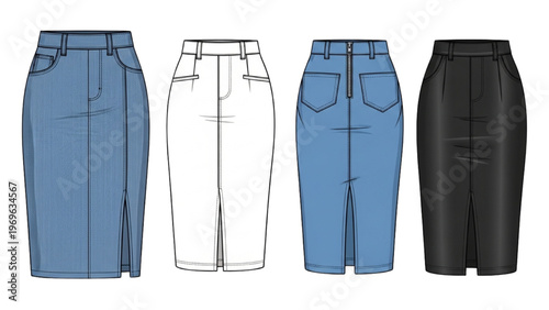 Vector CAD design style pants and skirts in various colors