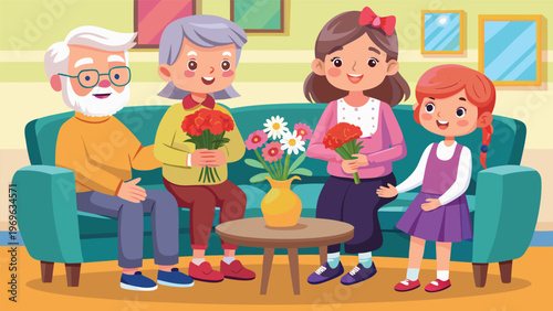 Family gathers on a couch with flowers in a living room during a cheerful afternoon together