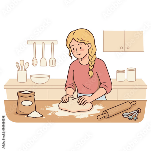 A woman kneads dough on a kitchen counter with a rolling pin.