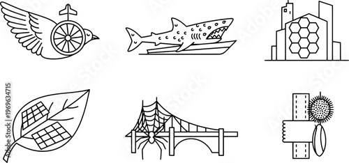 Minimalist bio-mimicry and nature-inspired technology icon set, "Created with AI assistance and manually refined."