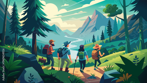 Group of people hiking in a mountain landscape near a river during daytime