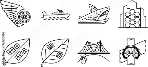 Clean outline biomimetics and sustainable engineering symbols collection, "Created with AI assistance and manually refined."