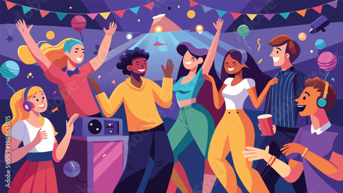 Friends dance and celebrate together at a lively party in a colorful room with lights and decorations