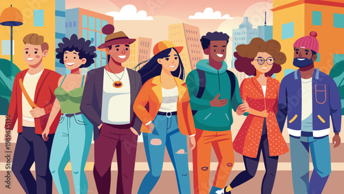 Group of friends walking together in a city during the afternoon wearing casual clothes and enjoying time outdoors