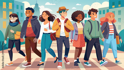 Group of friends walking together in a city street during the day