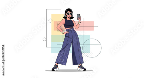 Stylish woman posing confidently holding a smartphone.