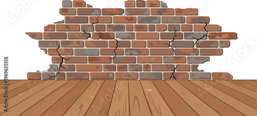 Damaged brick wall with wooden floor, illustrating structural damage and decay