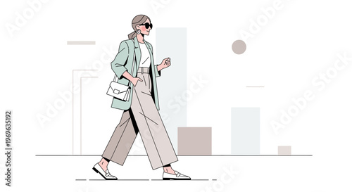 Stylish Woman Walking Confidently Outdoors Fashionable Attire.