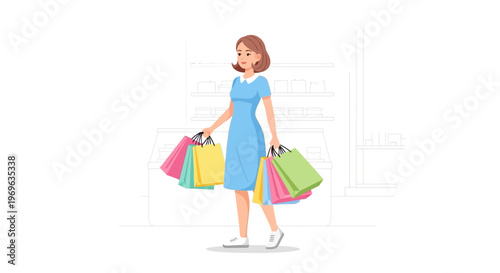 Woman happily carrying shopping bags after a successful shopping spree.