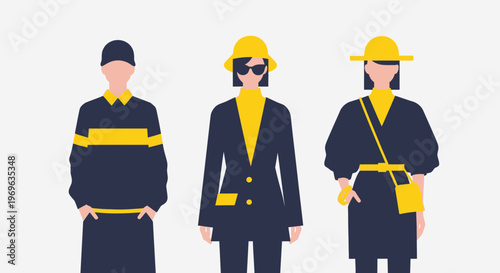 Three stylish people in modern outfits with yellow accents.