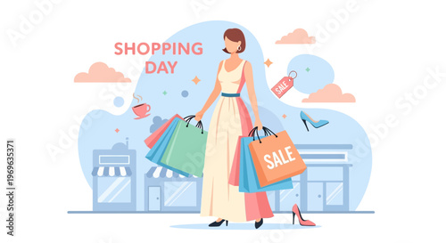 Woman happily holding shopping bags on a sale day.