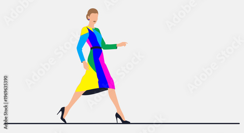 Woman in Colorful Abstract Dress Walking Confidently.