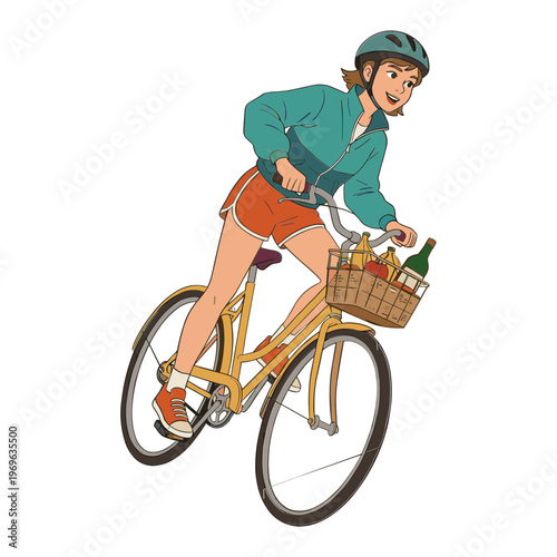 Woman rides bicycle with basket full of groceries down city street