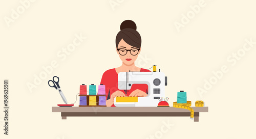 Woman Sewing Machine Crafting Hobby.