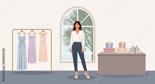 Woman standing in a boutique with dresses and gifts.