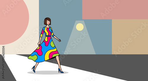 Woman walking on runway in colorful dress.