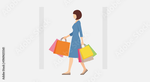Woman walking with shopping bags full of purchases.