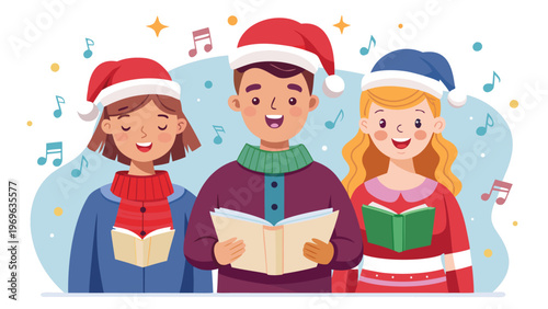Group of three people singing together during a holiday celebration while wearing festive hats and holding books