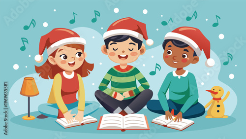 Children enjoy reading together while wearing Christmas hats at home during the holiday season in a cozy setting