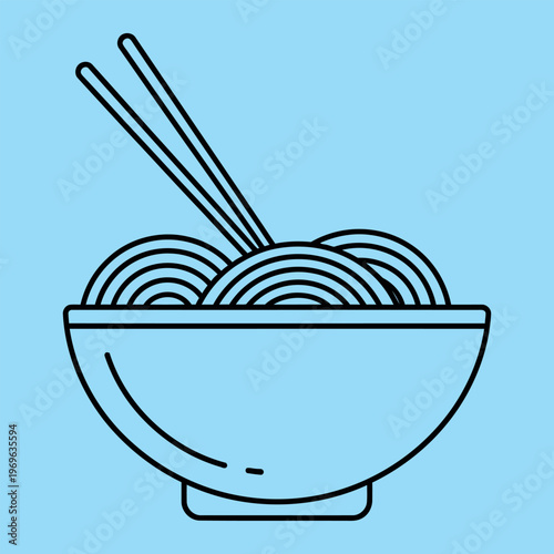 Black line of noodles in bowl with chopsticks on light blue background line noodles black lines