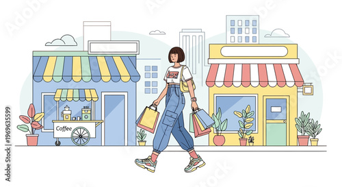 Woman walking with shopping bags in city street 1.