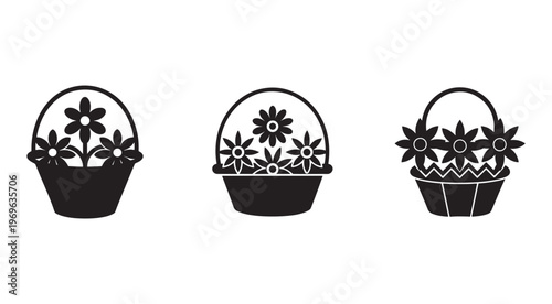 Black and white illustration of three baskets with flowers in them side by side on white background