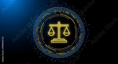 Neon yellow scales of justice in blue and yellow circle on black background
