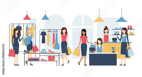 Women shopping for clothes in a modern boutique store.