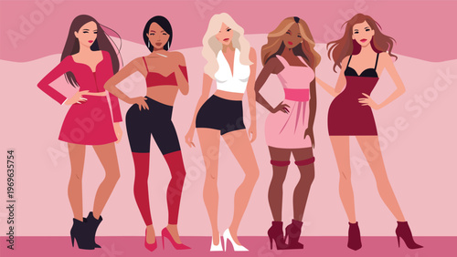 Group of women in stylish outfits standing together at a fashion event in an urban setting during daytime