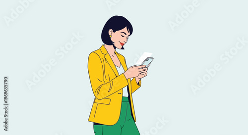 Young woman in yellow blazer using smartphone.